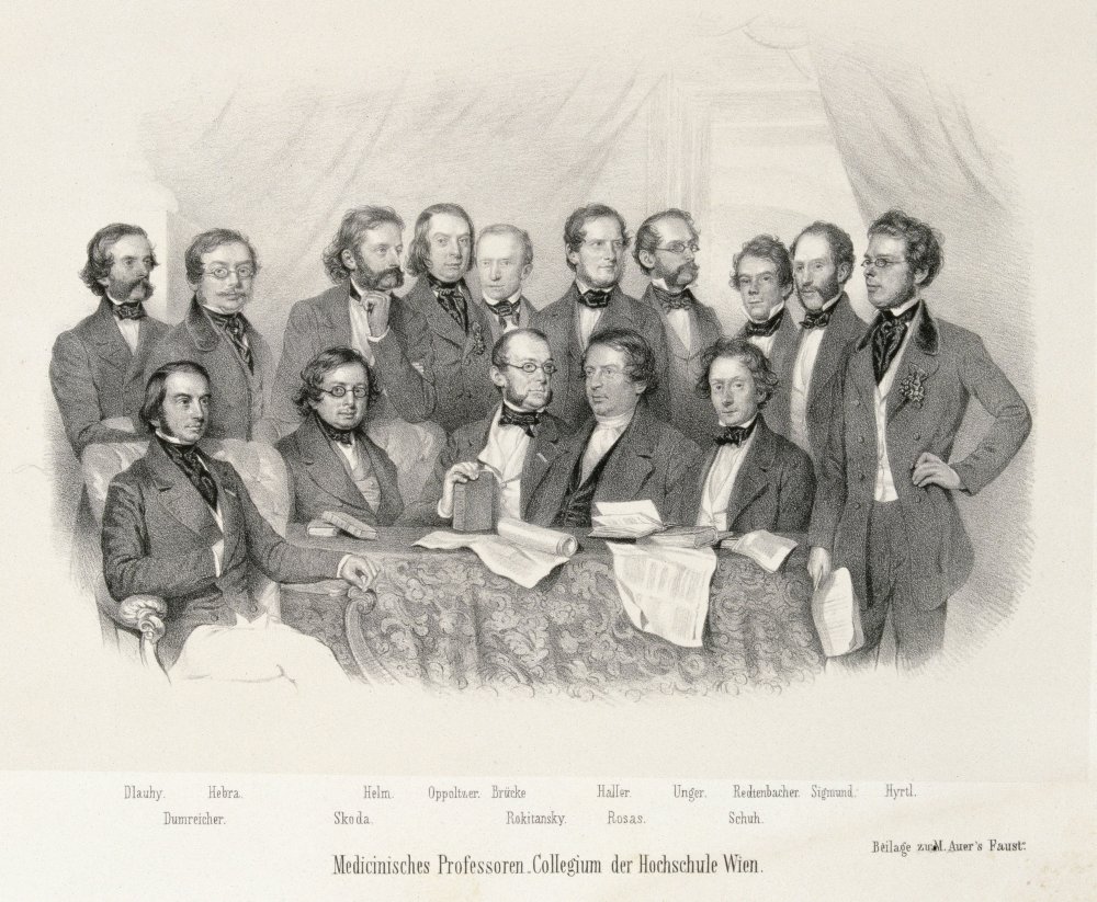 Medicinisches Professoren-Collegium der Hochschule Wien, unter anderem mit Ferdinand Ritter von Hebra, Josef Hyrtl, Karl Freiherr von Rokitansky oder Anton von Rosas.